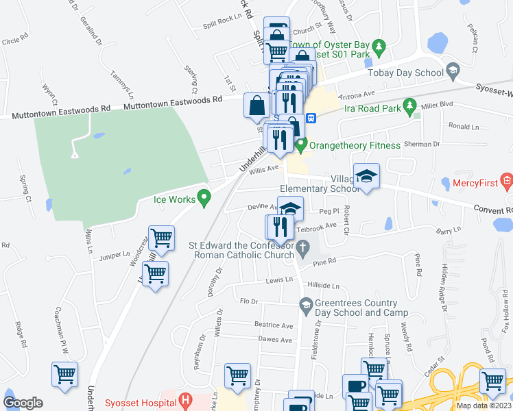map of restaurants, bars, coffee shops, grocery stores, and more near 9 Devine Avenue in Syosset