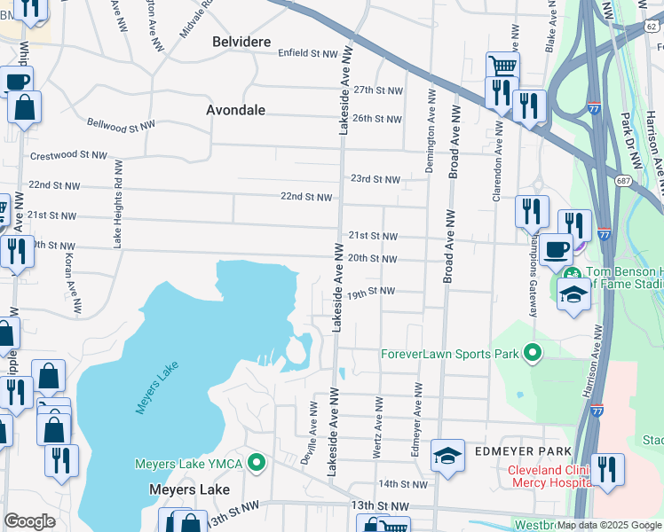 map of restaurants, bars, coffee shops, grocery stores, and more near 1933 Lakeside Avenue Northwest in Canton