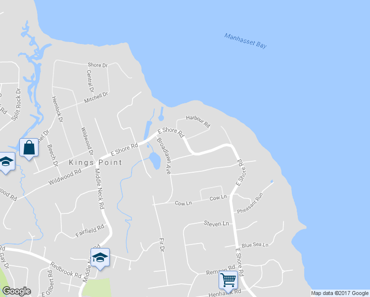 map of restaurants, bars, coffee shops, grocery stores, and more near 545 East Shore Road in Kings Point