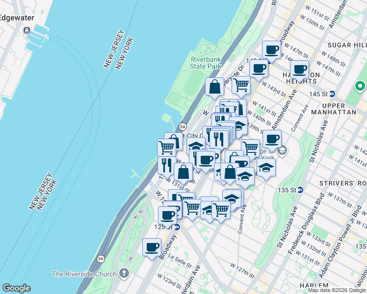 map of restaurants, bars, coffee shops, grocery stores, and more near 3327 12th Avenue in New York