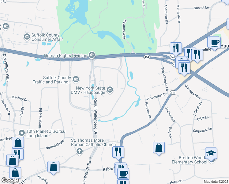 map of restaurants, bars, coffee shops, grocery stores, and more near 250 Veterans Memorial Highway in Commack