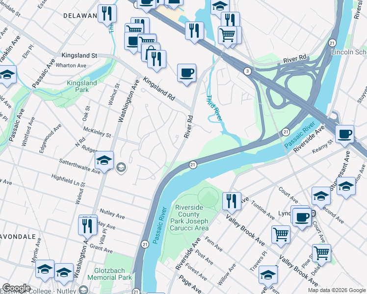 map of restaurants, bars, coffee shops, grocery stores, and more near 581 Brittany Circle in Nutley