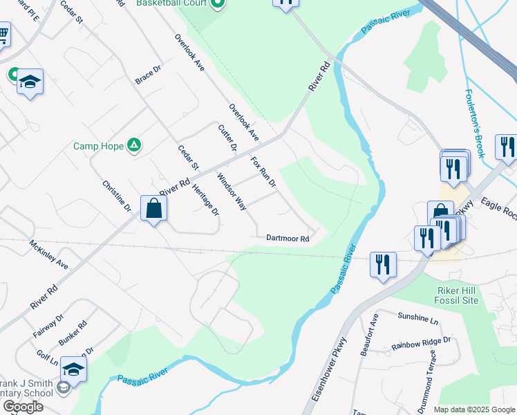 map of restaurants, bars, coffee shops, grocery stores, and more near 8 Sussex Lane in East Hanover