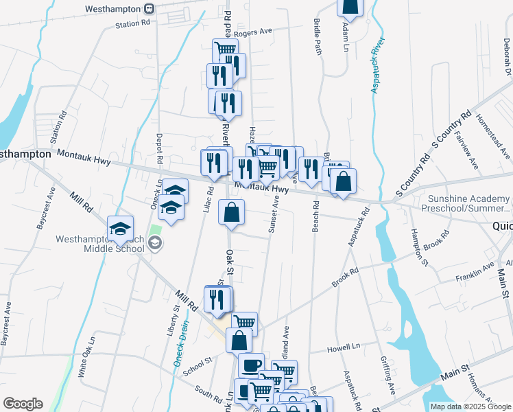 map of restaurants, bars, coffee shops, grocery stores, and more near 14 Humphrey Street in Westhampton Beach