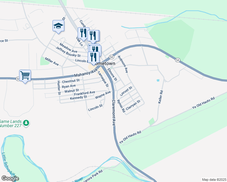 map of restaurants, bars, coffee shops, grocery stores, and more near Claremont Avenue in Tamaqua