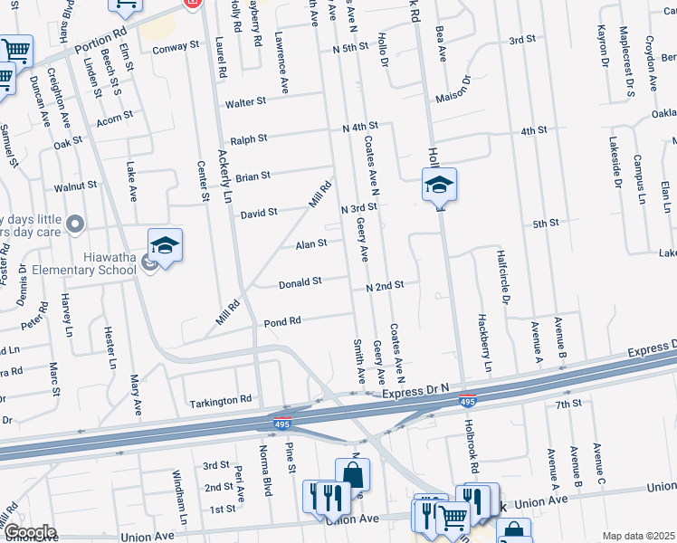 map of restaurants, bars, coffee shops, grocery stores, and more near 127 Smith Avenue in Holbrook