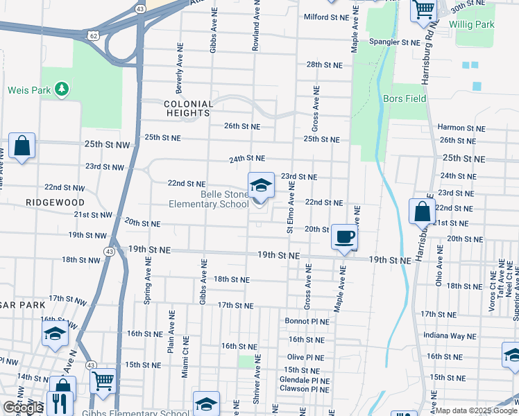 map of restaurants, bars, coffee shops, grocery stores, and more near 2100 Rowland Avenue Northeast in Canton