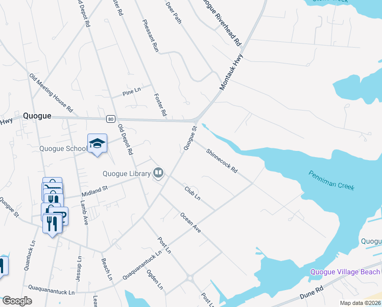 map of restaurants, bars, coffee shops, grocery stores, and more near 107 Quogue Street in Quogue