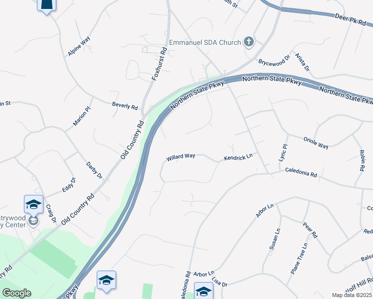 map of restaurants, bars, coffee shops, grocery stores, and more near 19 Willard Way in Dix Hills