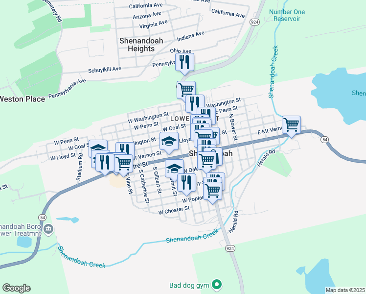 map of restaurants, bars, coffee shops, grocery stores, and more near 23 North West Street in Shenandoah