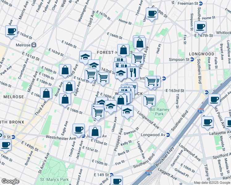 map of restaurants, bars, coffee shops, grocery stores, and more near in The Bronx