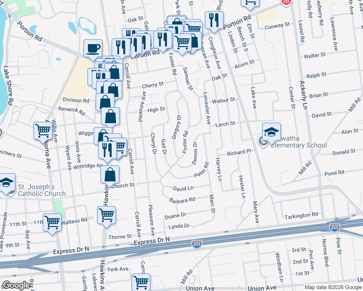 map of restaurants, bars, coffee shops, grocery stores, and more near 115 Foster Road in Lake Ronkonkoma
