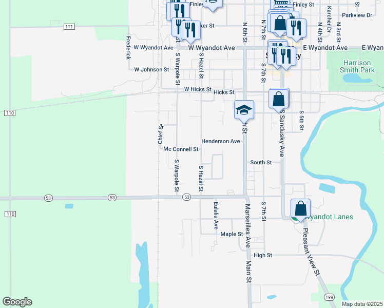 map of restaurants, bars, coffee shops, grocery stores, and more near 411 Mc Connell Street in Upper Sandusky