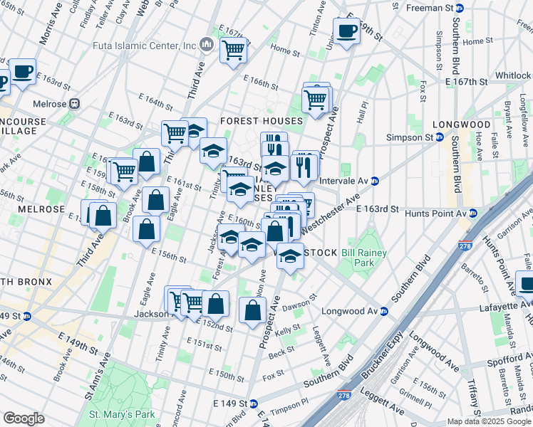 map of restaurants, bars, coffee shops, grocery stores, and more near 792 East 161 Street in The Bronx