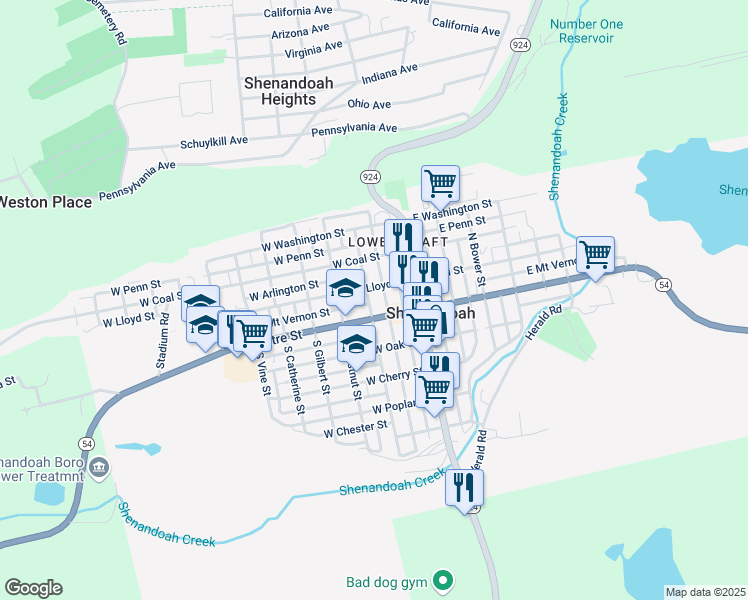 map of restaurants, bars, coffee shops, grocery stores, and more near 23 North West Street in Shenandoah