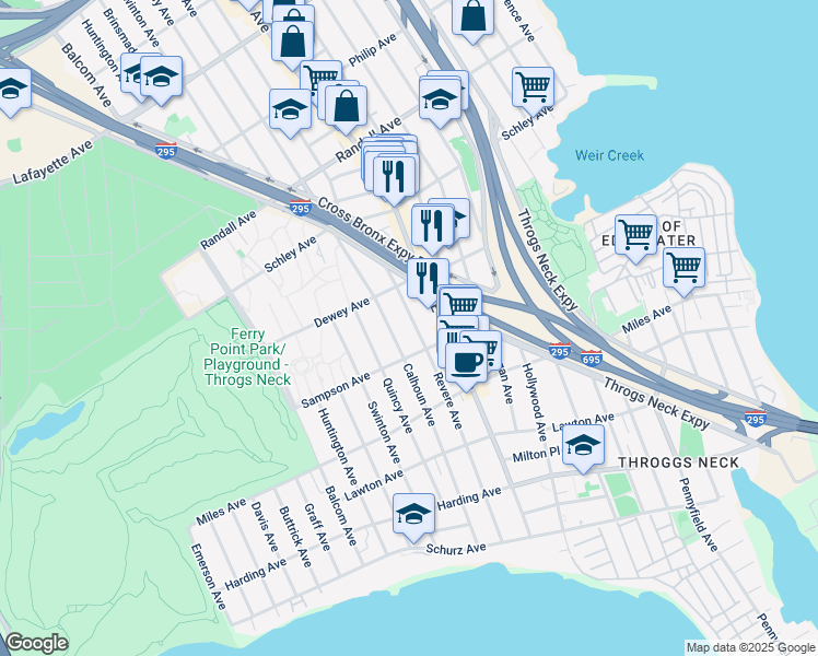 map of restaurants, bars, coffee shops, grocery stores, and more near 423 Revere Avenue in Bronx