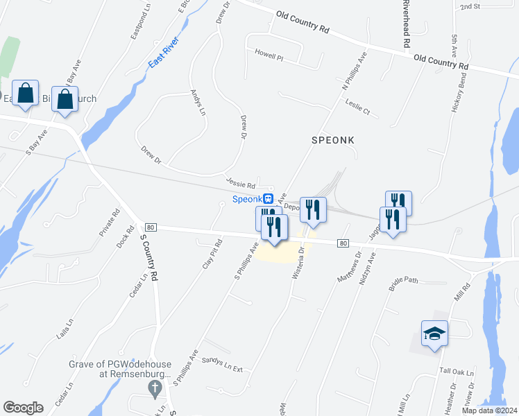 map of restaurants, bars, coffee shops, grocery stores, and more near 41 North Phillips Avenue in Remsenburg-Speonk
