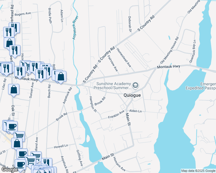 map of restaurants, bars, coffee shops, grocery stores, and more near 12 John Street in Westhampton Beach