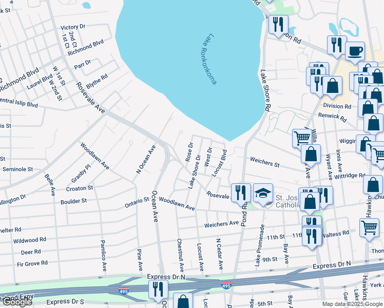 map of restaurants, bars, coffee shops, grocery stores, and more near 97 Lake Shore Drive in Ronkonkoma