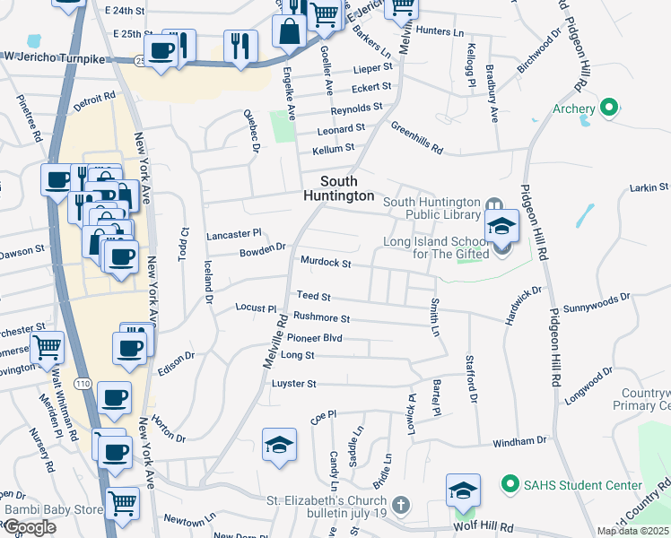 map of restaurants, bars, coffee shops, grocery stores, and more near 30 Murdock Street in Huntington Station
