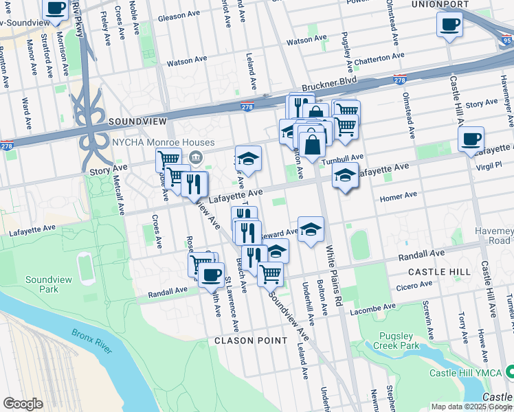 map of restaurants, bars, coffee shops, grocery stores, and more near 747 Thieriot Avenue in The Bronx