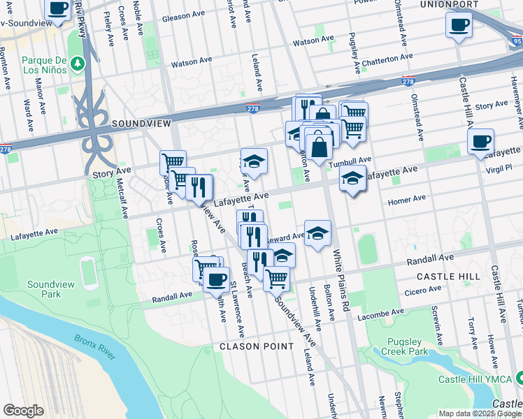 map of restaurants, bars, coffee shops, grocery stores, and more near 747 Thieriot Avenue in The Bronx