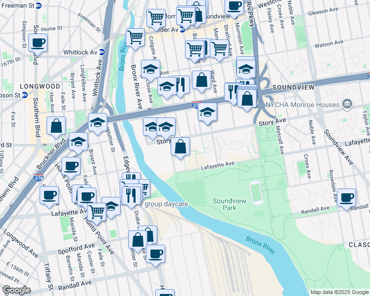 map of restaurants, bars, coffee shops, grocery stores, and more near 880 Colgate Avenue in Bronx