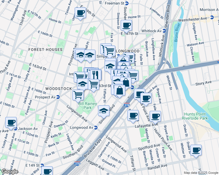 map of restaurants, bars, coffee shops, grocery stores, and more near 973 East 163rd Street in Bronx