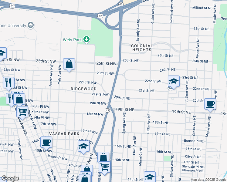 map of restaurants, bars, coffee shops, grocery stores, and more near 2110 Market Avenue North in Canton