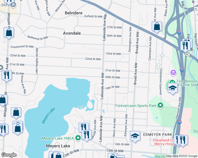 map of restaurants, bars, coffee shops, grocery stores, and more near 1933 Lakeside Avenue Northwest in Canton