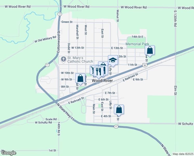 map of restaurants, bars, coffee shops, grocery stores, and more near 110 East 9th Street in Wood River
