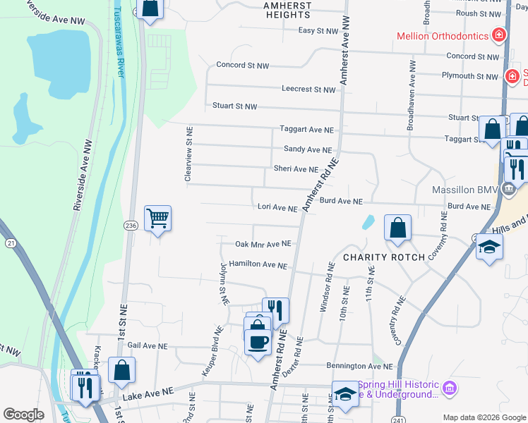 map of restaurants, bars, coffee shops, grocery stores, and more near 519 Lori Ave NE in Massillon