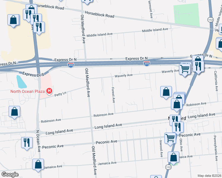 map of restaurants, bars, coffee shops, grocery stores, and more near 26 Forrest Avenue in Medford
