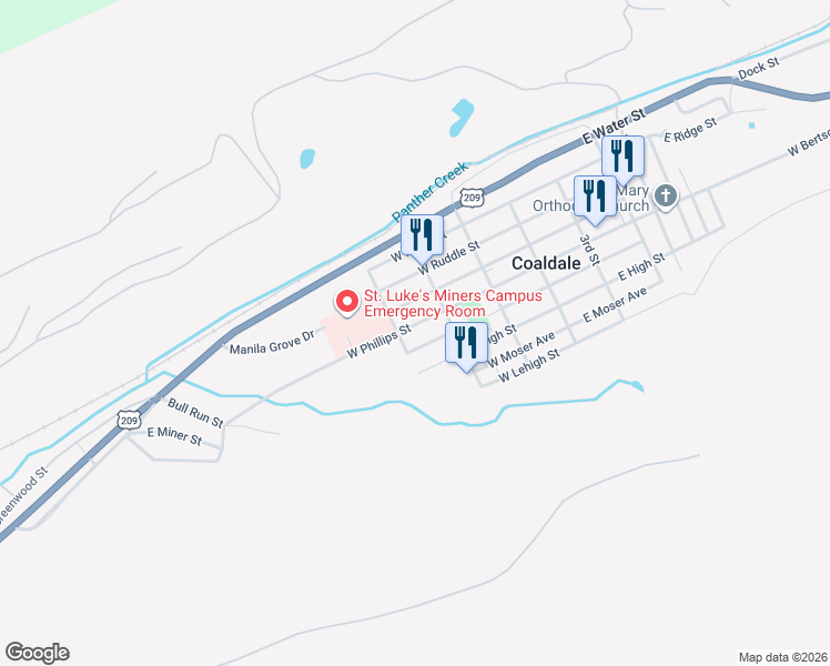 map of restaurants, bars, coffee shops, grocery stores, and more near 234 West Phillips Street in Coaldale