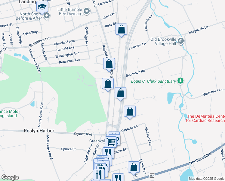 map of restaurants, bars, coffee shops, grocery stores, and more near 105 Simonson Road in Glen Head