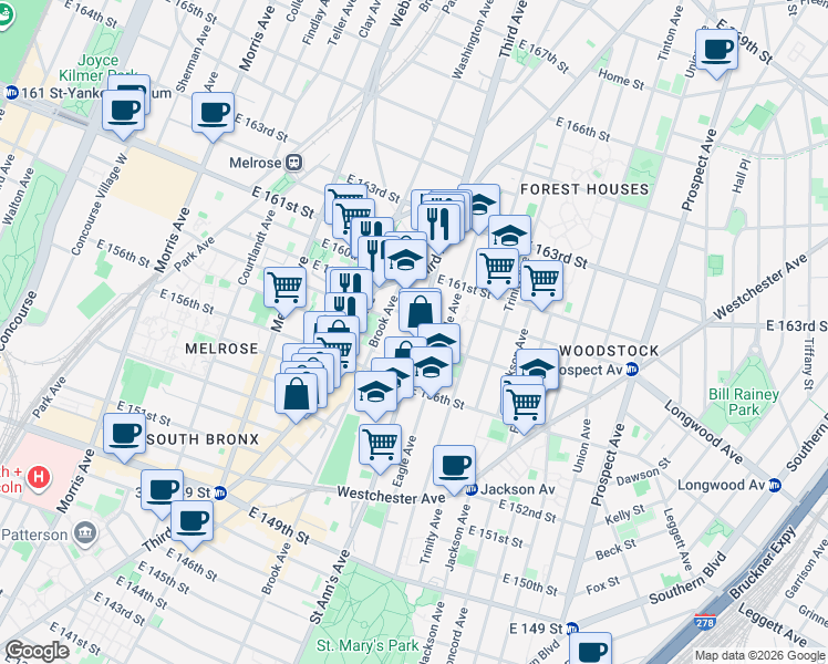 map of restaurants, bars, coffee shops, grocery stores, and more near 820 Saint Ann's Avenue in Bronx