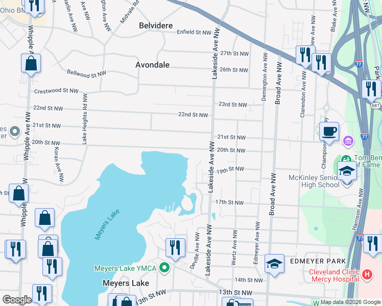 map of restaurants, bars, coffee shops, grocery stores, and more near 3218 20th Street Northwest in Canton