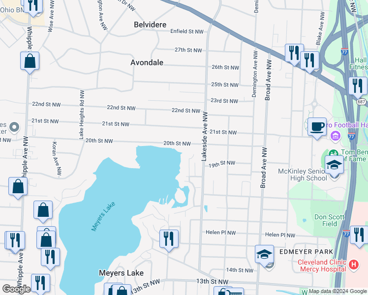 map of restaurants, bars, coffee shops, grocery stores, and more near 3218 20th Street Northwest in Canton