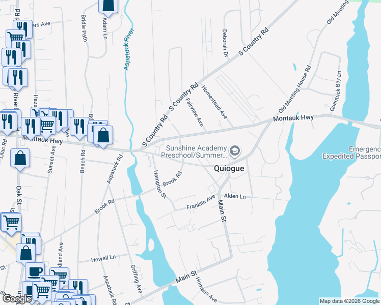 map of restaurants, bars, coffee shops, grocery stores, and more near 11 John Street in Westhampton Beach