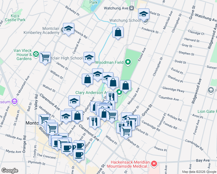 map of restaurants, bars, coffee shops, grocery stores, and more near 65 Chestnut Street in Montclair
