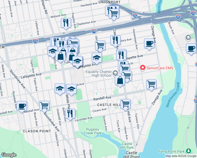 map of restaurants, bars, coffee shops, grocery stores, and more near 2086 Homer Avenue in Bronx