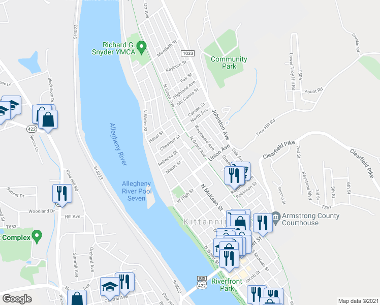 map of restaurants, bars, coffee shops, grocery stores, and more near 535 Locust Street in Kittanning