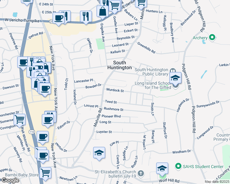 map of restaurants, bars, coffee shops, grocery stores, and more near 30 Murdock Street in Huntington Station