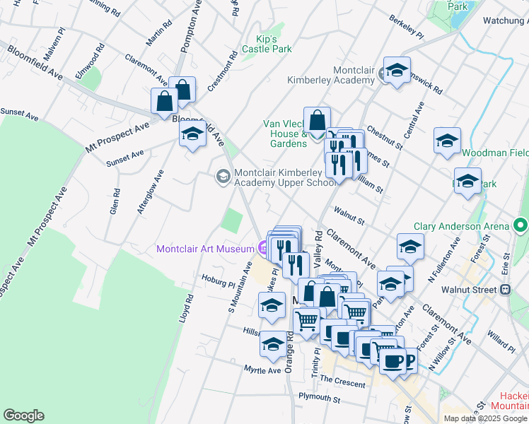 map of restaurants, bars, coffee shops, grocery stores, and more near 8 Highmont Terrace in Montclair