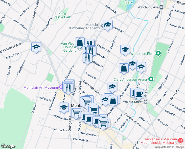 map of restaurants, bars, coffee shops, grocery stores, and more near 216 Walnut Street in Montclair