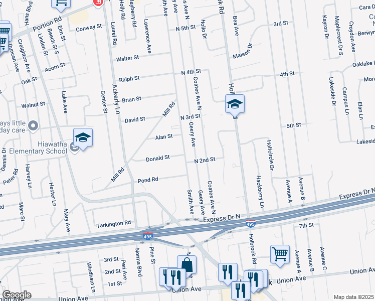 map of restaurants, bars, coffee shops, grocery stores, and more near 127 Smith Avenue in Holbrook