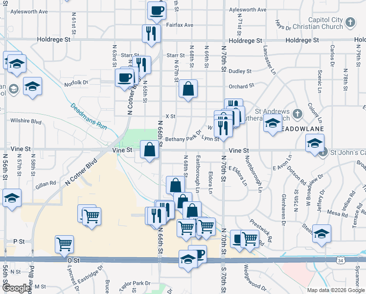 map of restaurants, bars, coffee shops, grocery stores, and more near 801 North 68th Street in Lincoln