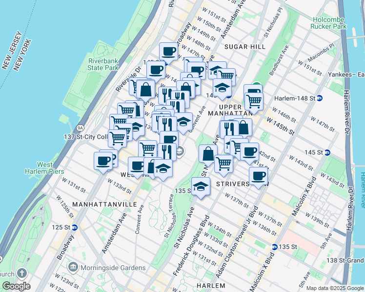 map of restaurants, bars, coffee shops, grocery stores, and more near 221 Convent Avenue in New York