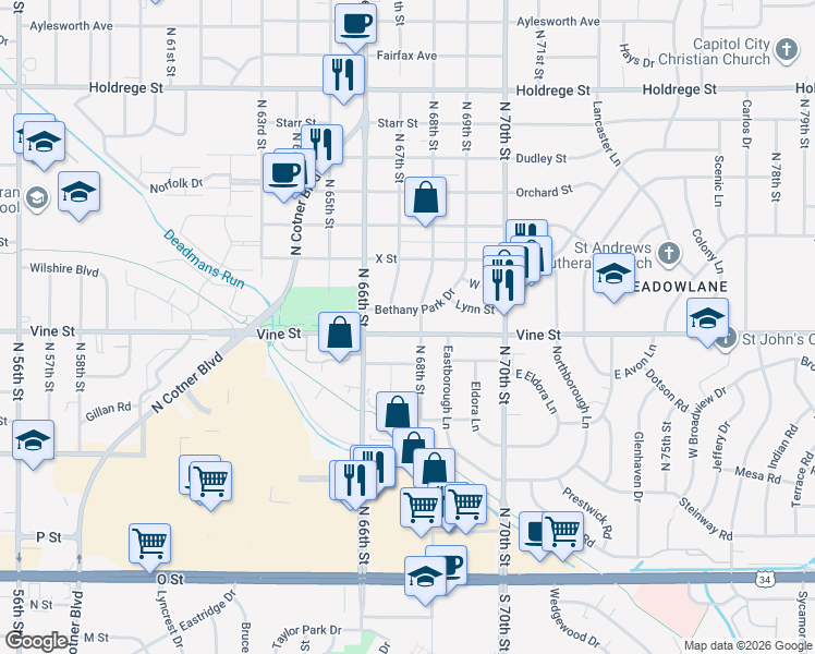 map of restaurants, bars, coffee shops, grocery stores, and more near 801 North 68th Street in Lincoln