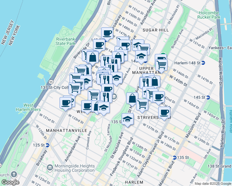 map of restaurants, bars, coffee shops, grocery stores, and more near 221 Convent Avenue in New York
